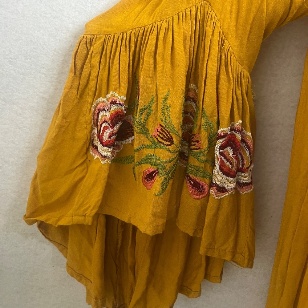 Mustard Embroidered Bell Sleeve Peasant Boho Tunic Top - Picture 5 of 7